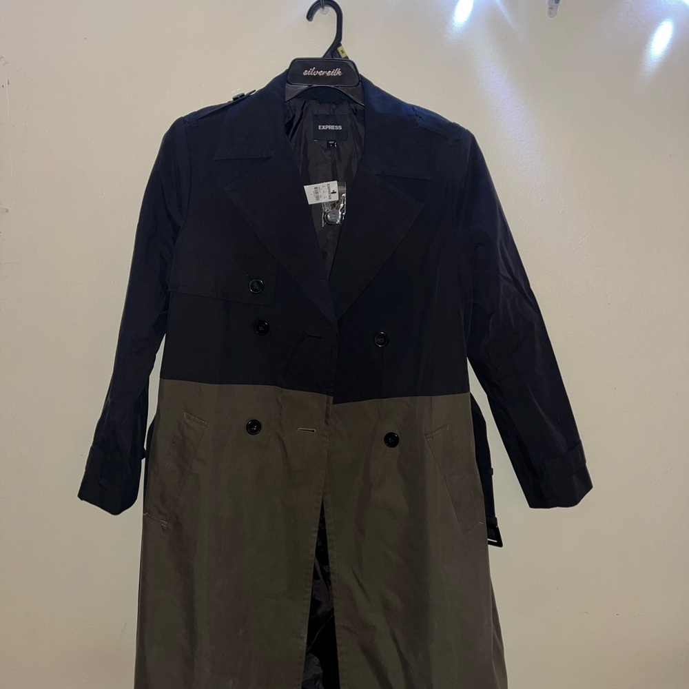 Express Two-Tone Trench Coat Navy and Olive